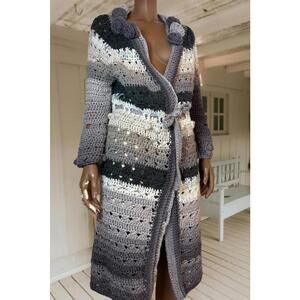 Handmade blue tones striped crochet duster cardigan tie waist  1 size